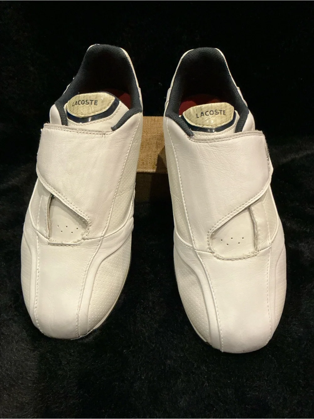 Lacoste Men's White Leather Slip-On Radium Strap Sneakers with Navy Trim